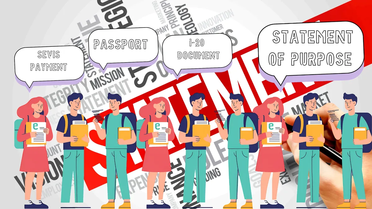 Close-up of the same illustration: students with documents and speech bubbles for SEVIS payment, passport, I-20 and statement of purpose, over large red letters spelling statement.