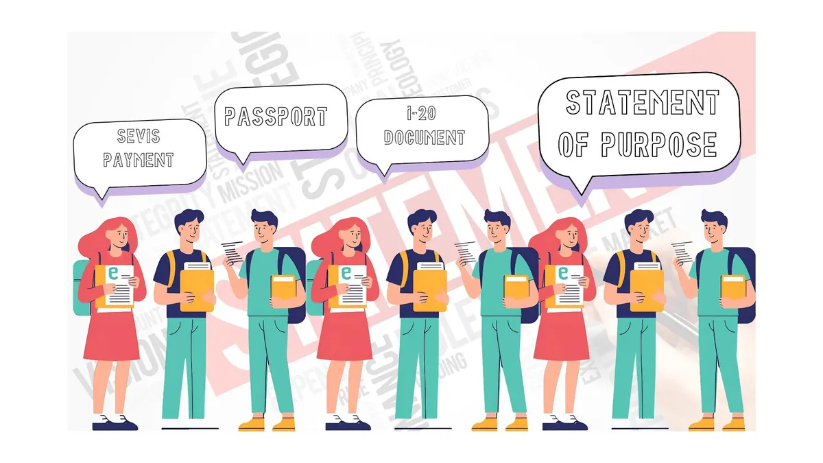 Illustration of students holding folders, with speech bubbles that read SEVIS payment, passport, I-20 document and statement of purpose.