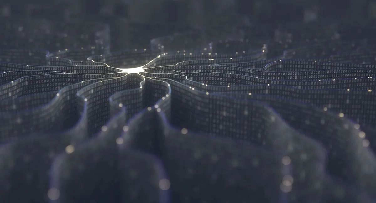 Abstract glowing network of binary digits that looks like a neural network on a dark background