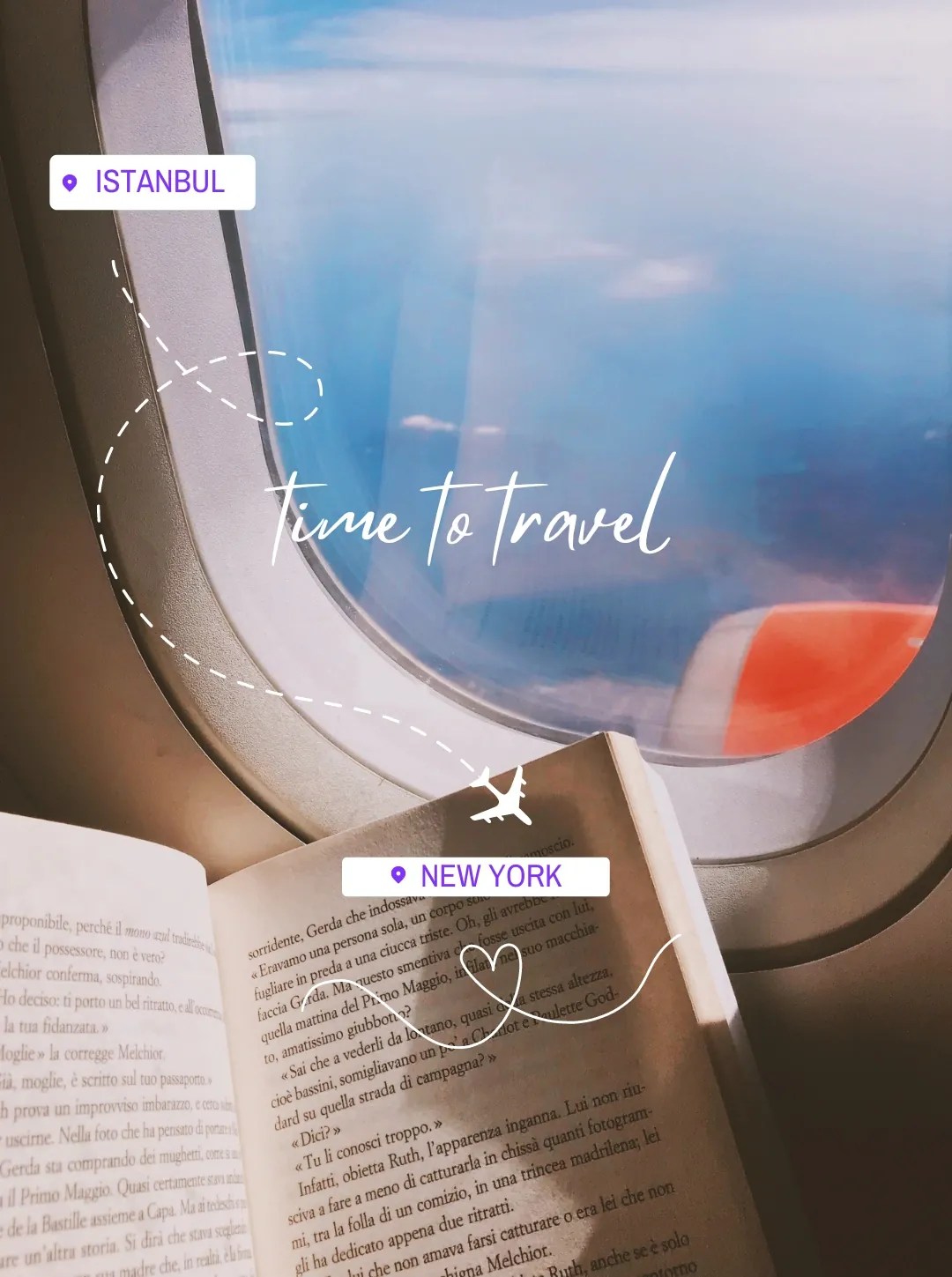 View from an airplane window with an open book and a dotted flight path from Istanbul to New York marked with a heart, and the words “time to travel”