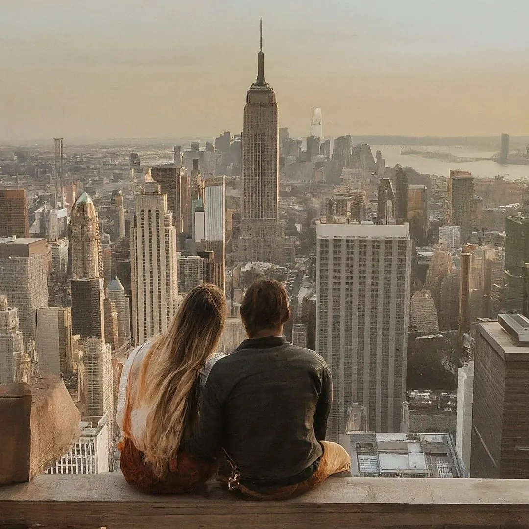 Two people seen from behind, sitting on a ledge and looking at a city skyline with a tall tower at sunset