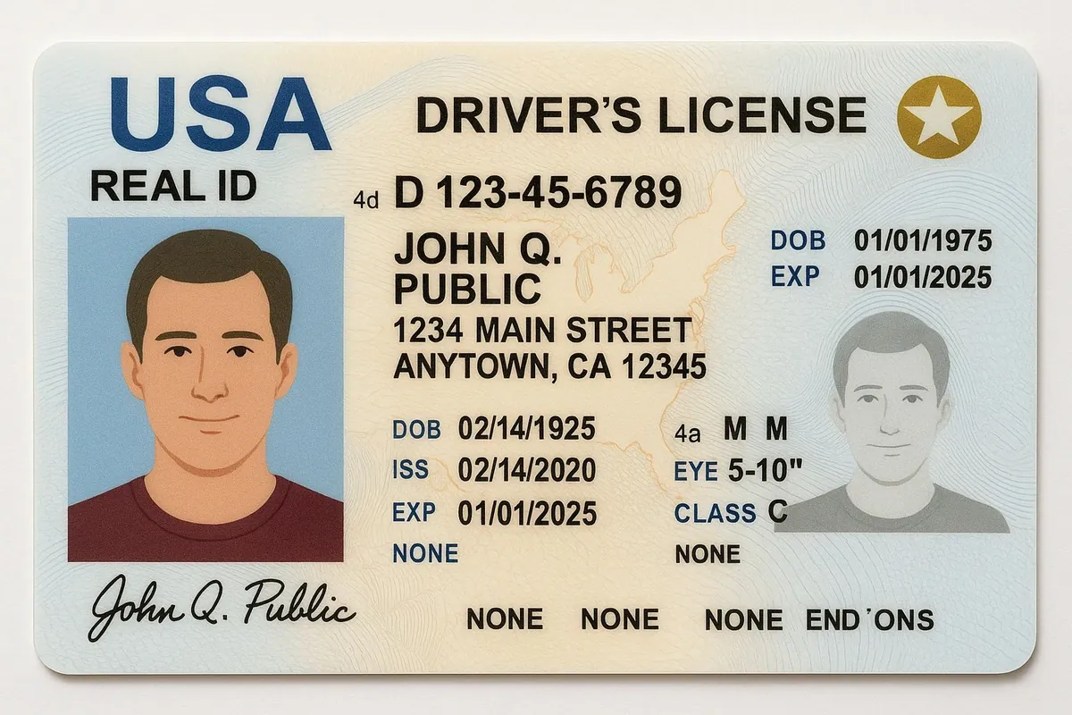 Illustration of a sample driver's license for a made-up person, with the words REAL ID and a gold star in the upper right corner.