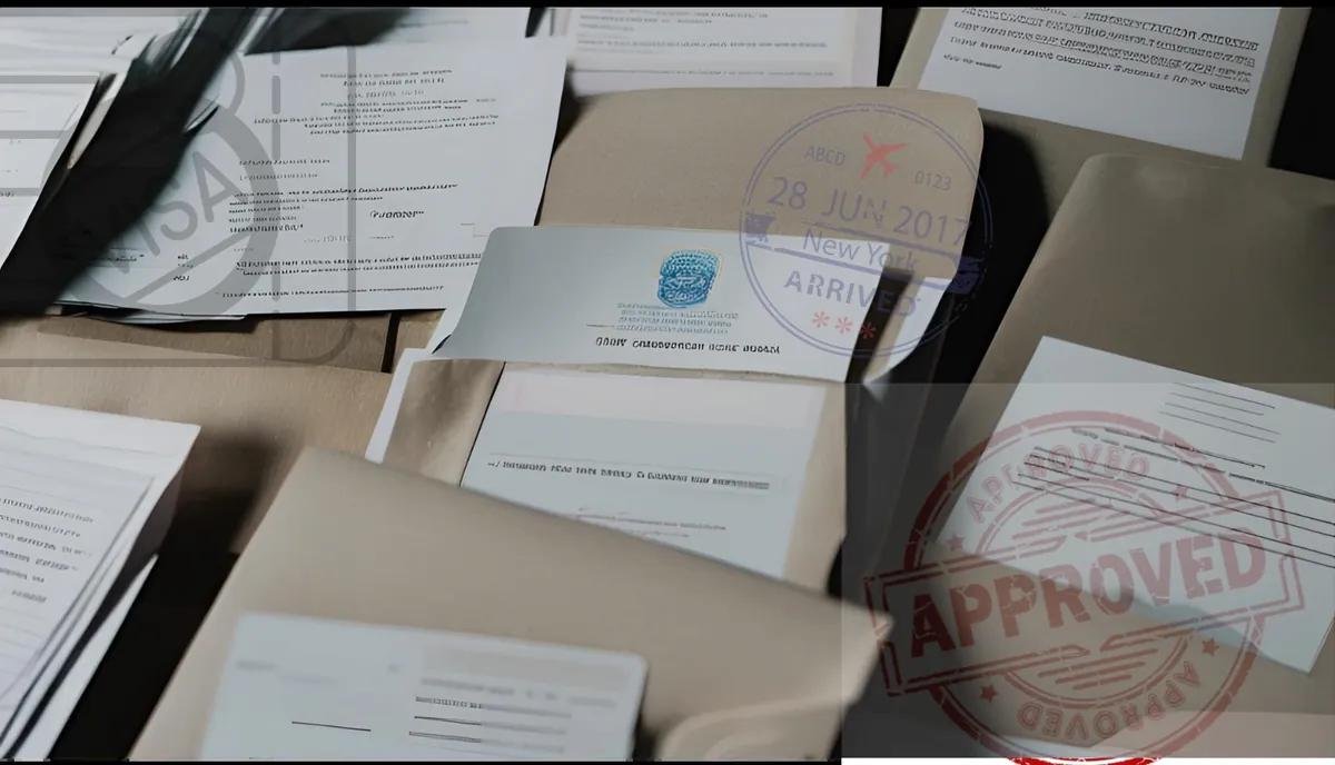 Stacks of immigration forms and envelopes on a desk, with an “approved” stamp on one of the pages